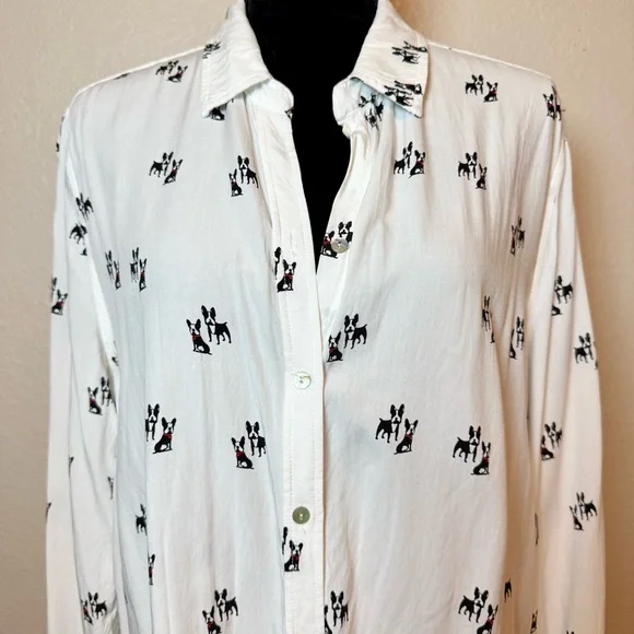 Jane & Delancey Boston Terrier Dog Print Button Down Top White Black Size XL - Picture 2 of 14